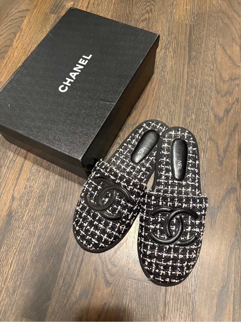 CHANEL multi color Tweed Slide Mules CC Logo leather size large sandal slides